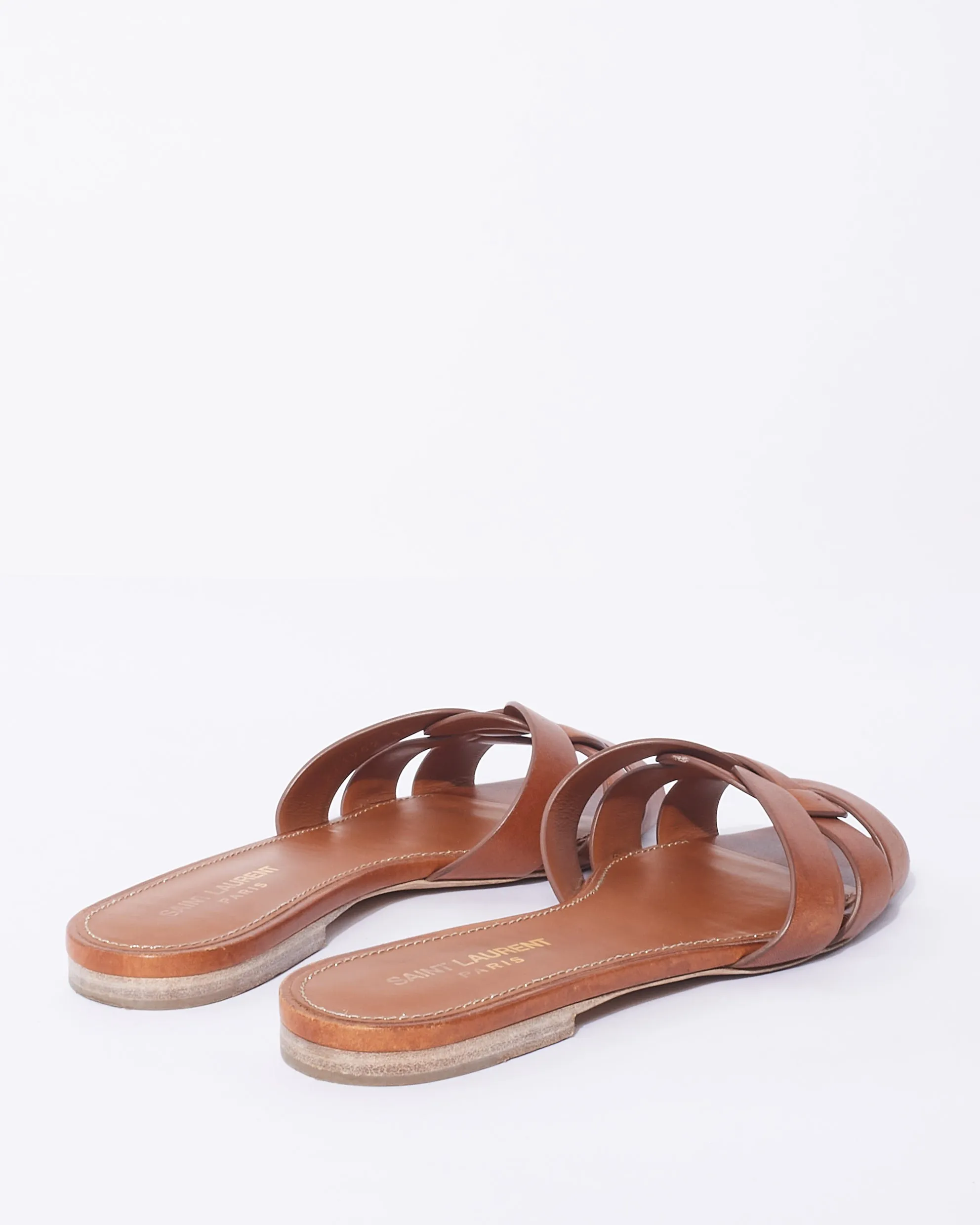 Saint Laurent Brown Leather Tribute Slide Sandals - 38