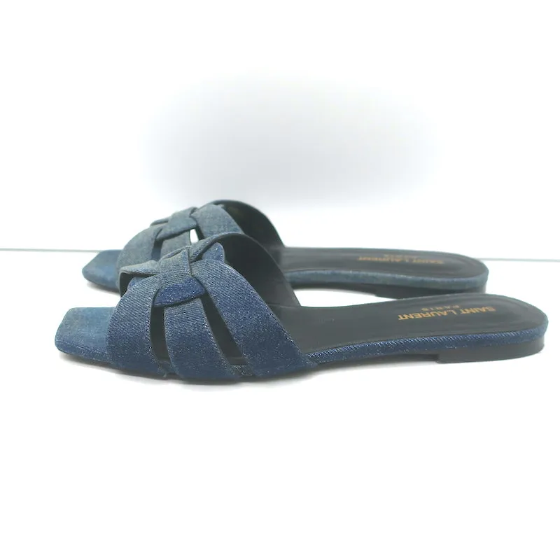 Saint Laurent Denim Tribute Flat Sandals Blue Size 39 Open Toe Mules