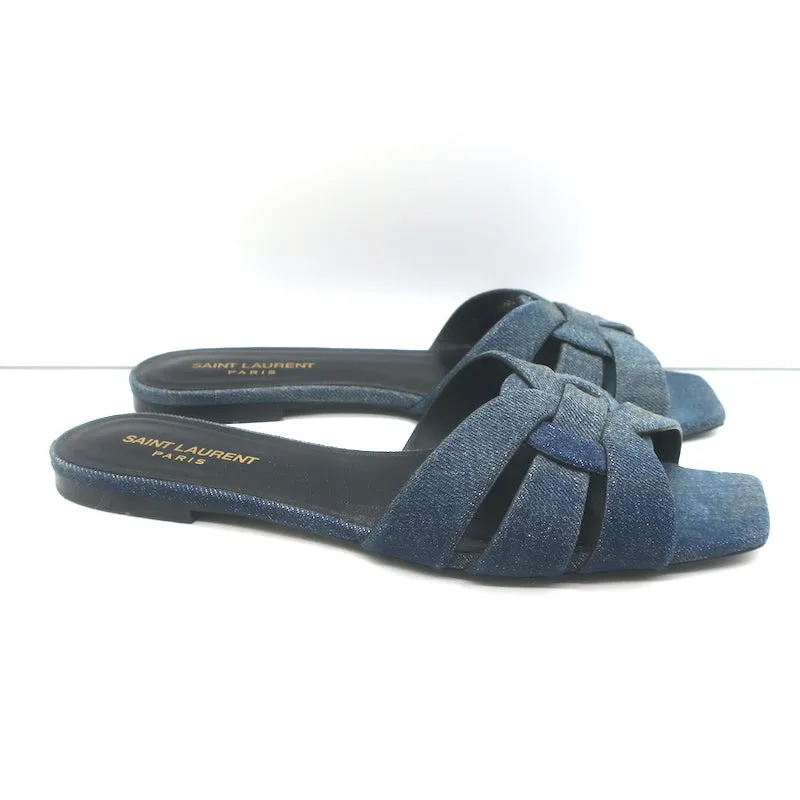 Saint Laurent Denim Tribute Flat Sandals Blue Size 39 Open Toe Mules