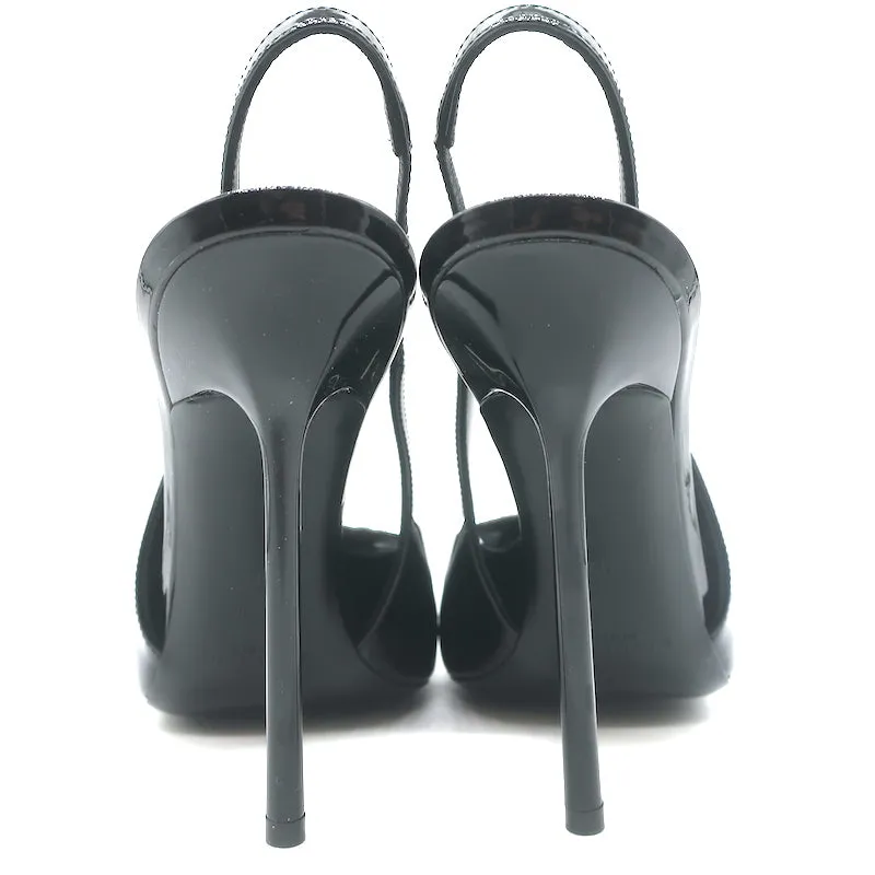 Saint Laurent Pablo Buckle Slingback Pumps Black Patent Leather Size 38.5 NEW