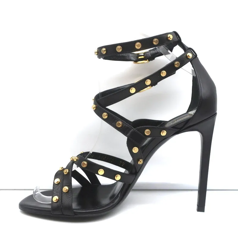 Saint Laurent Studded Sandals Jerry Black Leather Size 39 Strappy Heels NEW