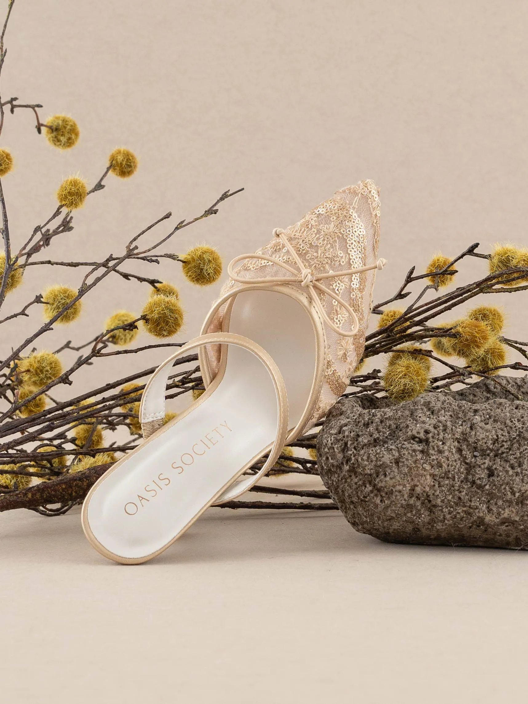 SALE The Katie | Gold Lace Pointed Toe Mid Heel Mule