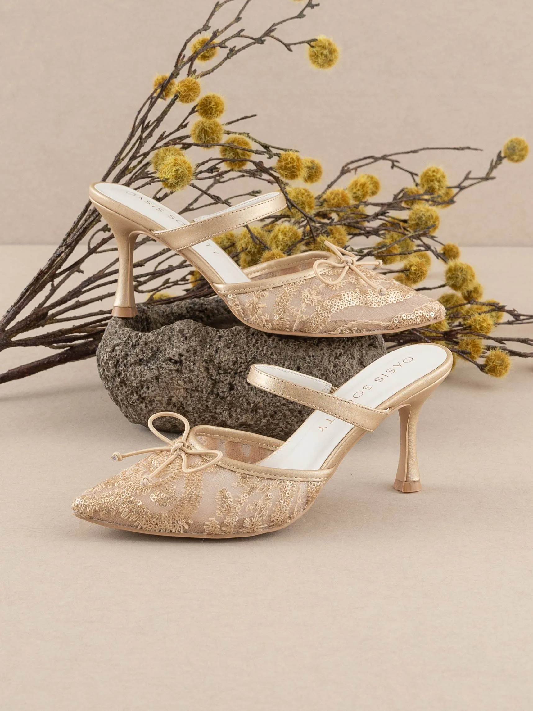 SALE The Katie | Gold Lace Pointed Toe Mid Heel Mule