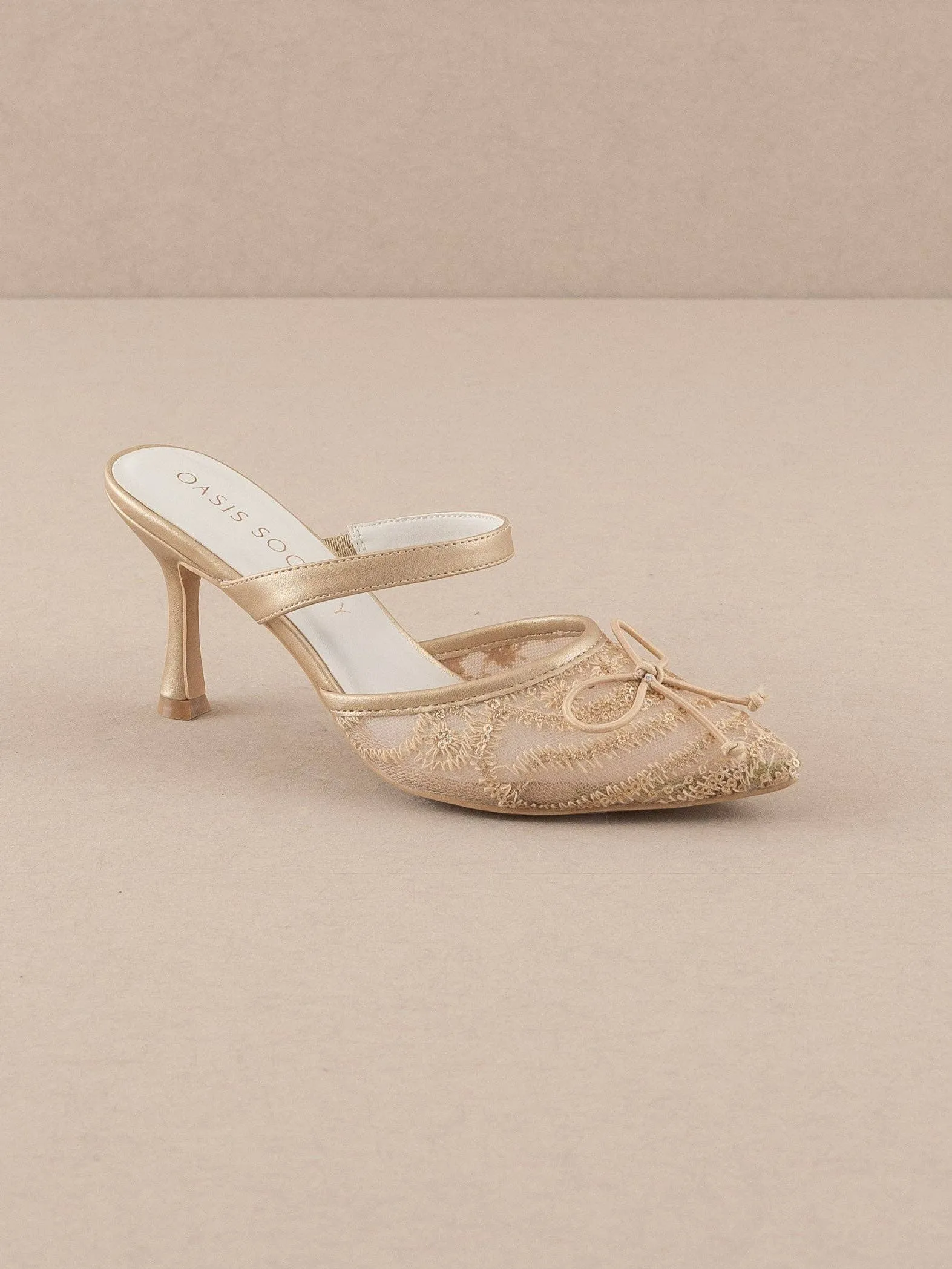 SALE The Katie | Gold Lace Pointed Toe Mid Heel Mule