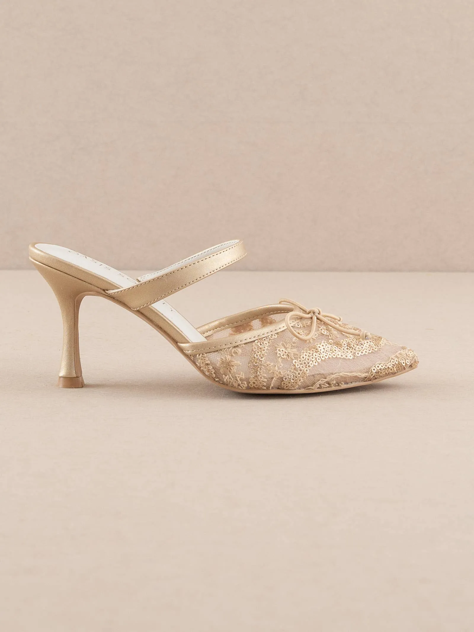 SALE The Katie | Gold Lace Pointed Toe Mid Heel Mule