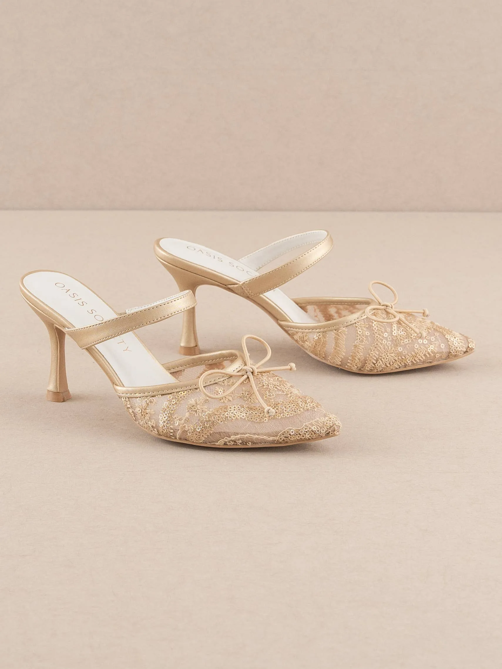 SALE The Katie | Gold Lace Pointed Toe Mid Heel Mule