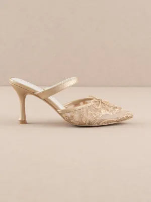 SALE The Katie | Gold Lace Pointed Toe Mid Heel Mule