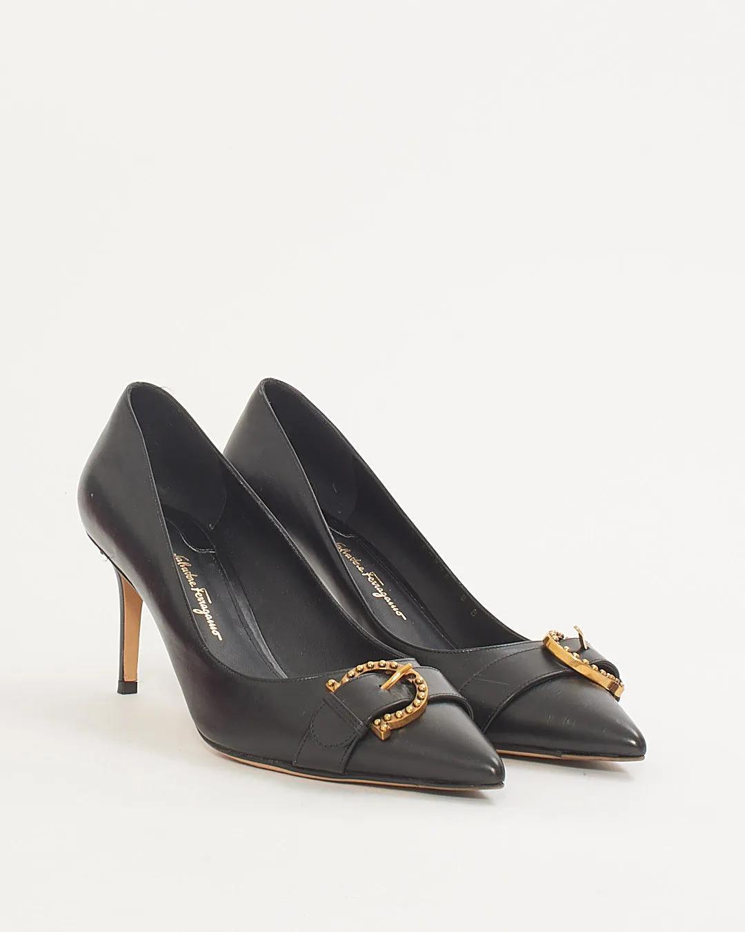 Salvatore Ferragamo Black Leather Buckle Pointed Toe Pumps - 8B