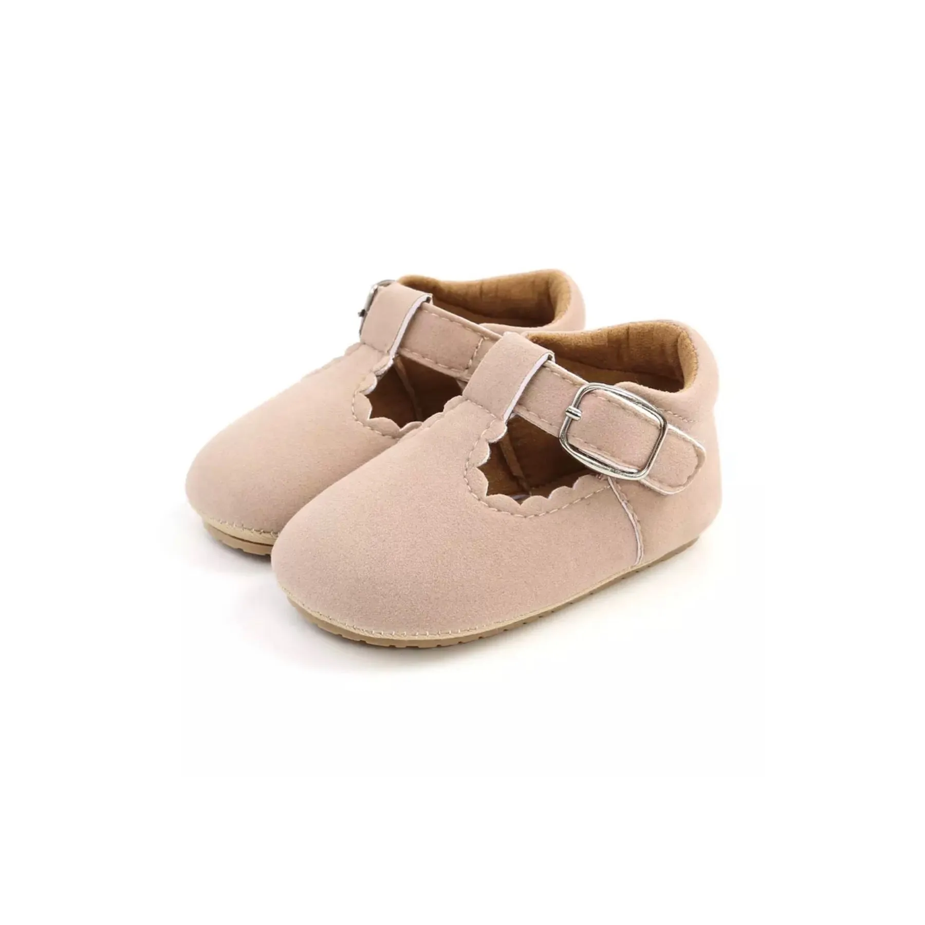 Sand scalloped trim Mary Jane shoes with buckle