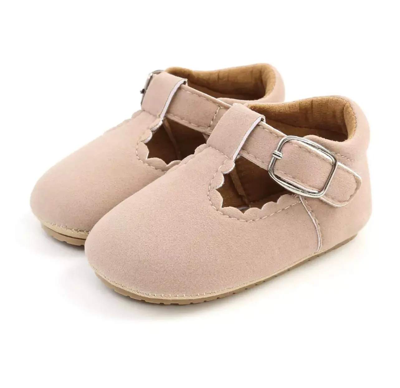 Sand scalloped trim Mary Jane shoes with buckle