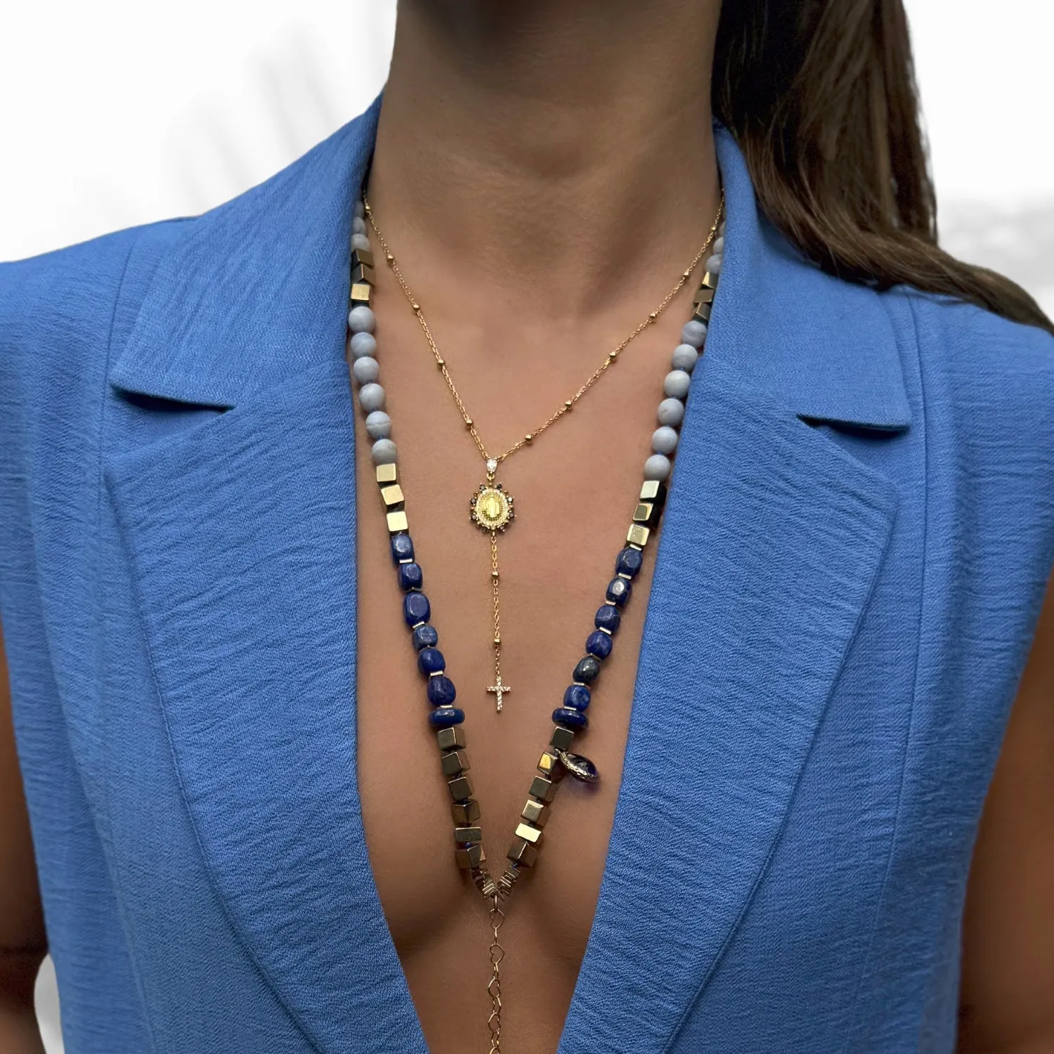 Sapphire & Diamond Virgin Mary Cross Pendant Gold Chain Necklace