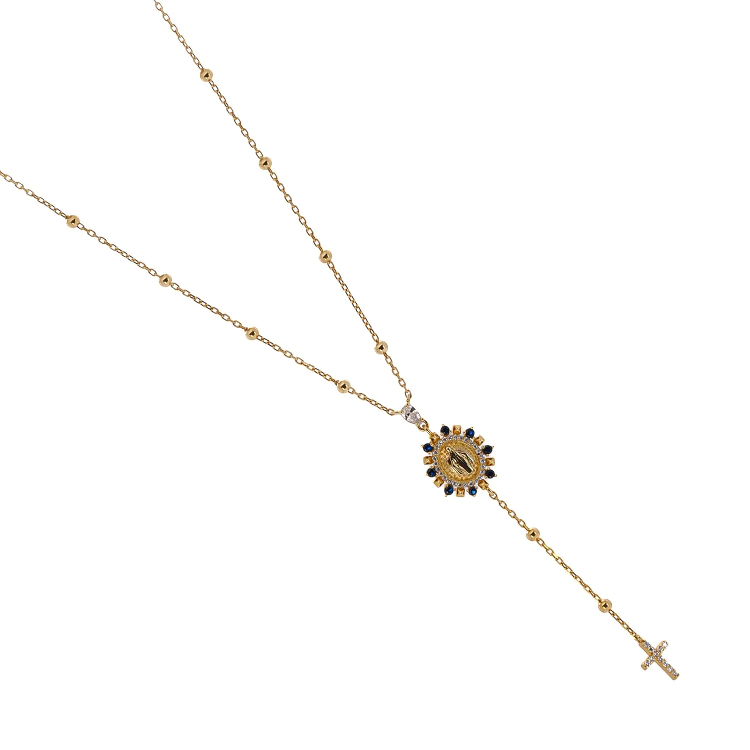 Sapphire & Diamond Virgin Mary Cross Pendant Gold Chain Necklace
