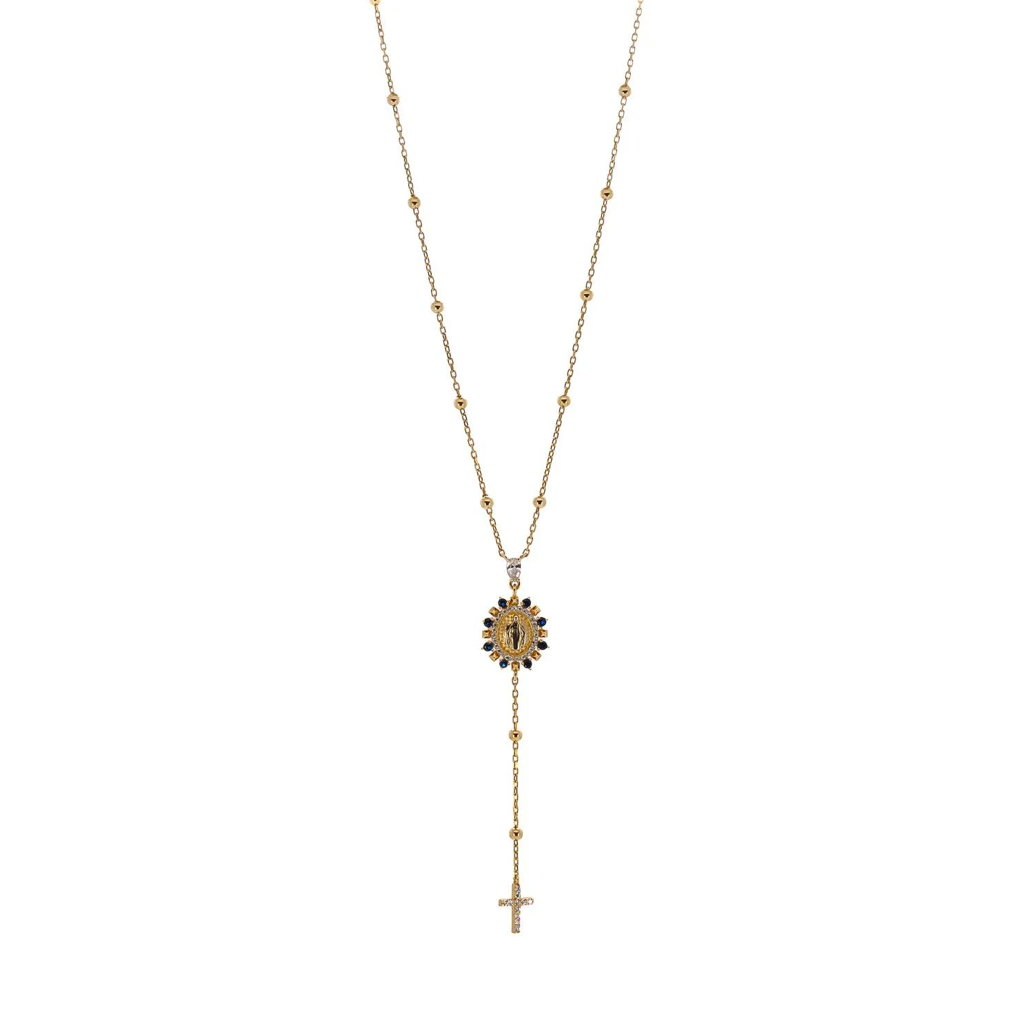 Sapphire & Diamond Virgin Mary Cross Pendant Gold Chain Necklace