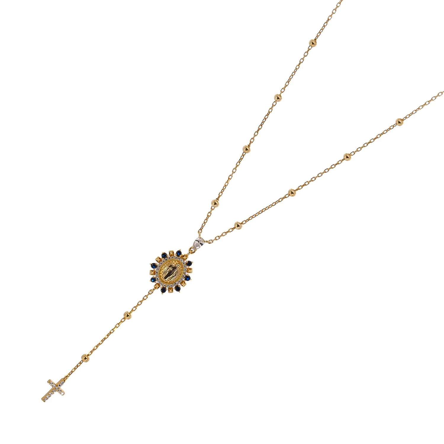 Sapphire & Diamond Virgin Mary Cross Pendant Gold Chain Necklace