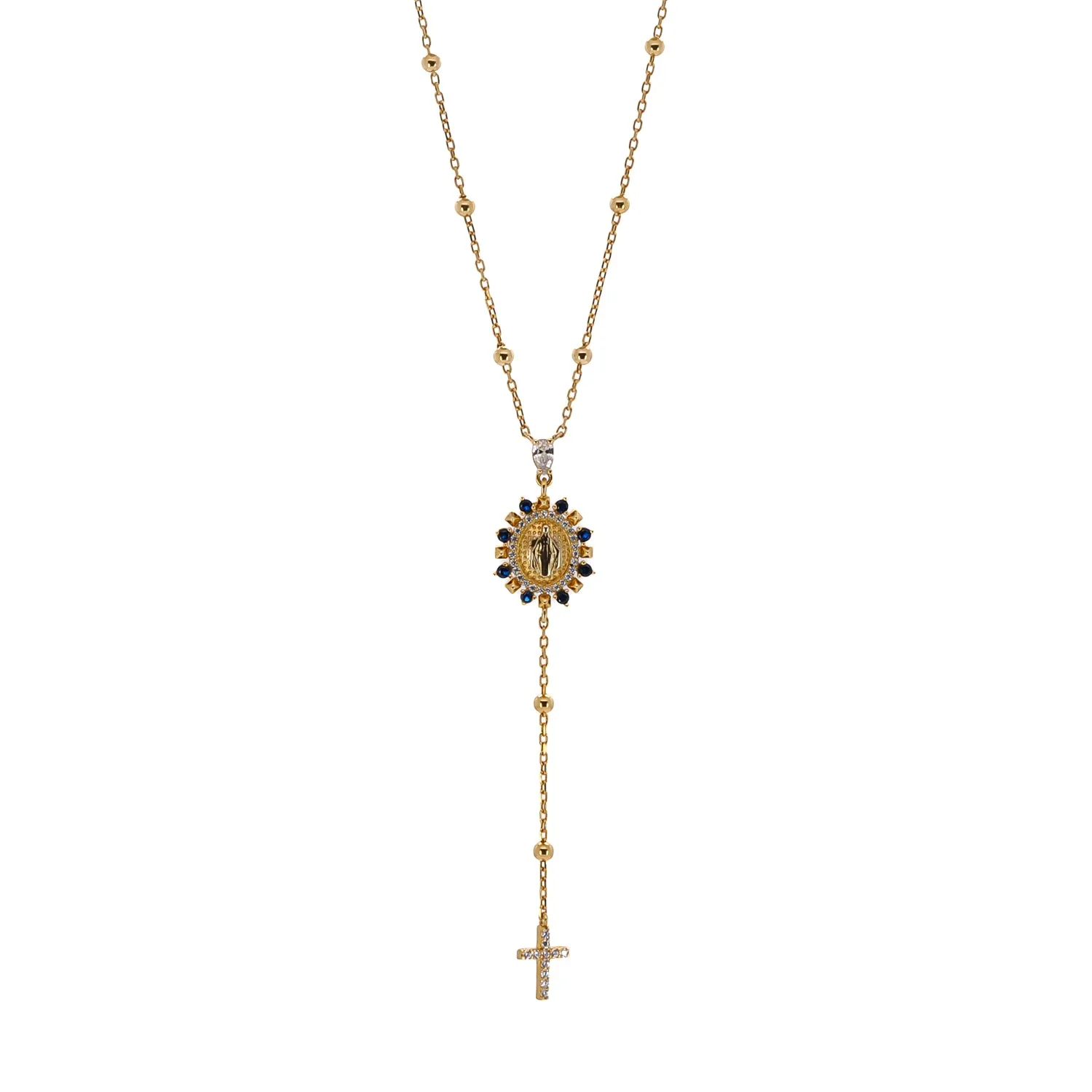Sapphire & Diamond Virgin Mary Cross Pendant Gold Chain Necklace