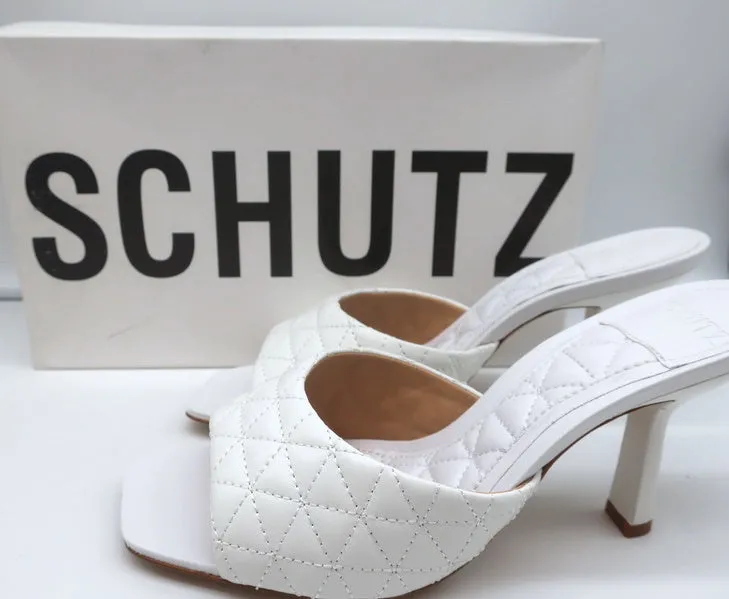 Schutz Fryda Mules White Quilted Leather Size 9 Open Toe Sandals NEW