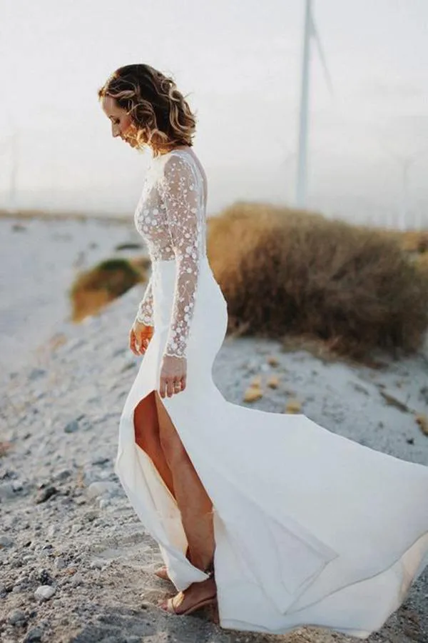 Scoop Neck Mermaid Open Back Split Lace Long Sleeves Wedding Dresses TN231