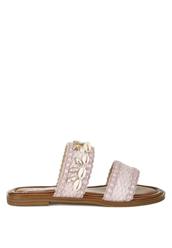 Seashell Raffia Slip on Flat Sandals