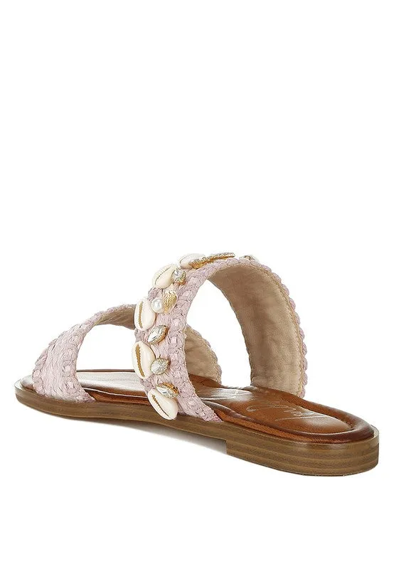 Seashell Raffia Slip on Flat Sandals