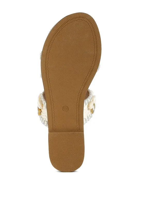 Seashell Raffia Slip on Flat Sandals