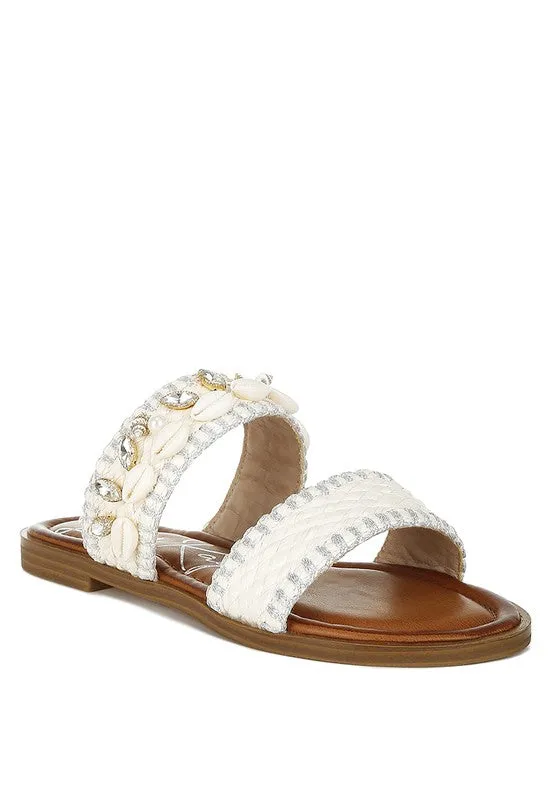 Seashell Raffia Slip on Flat Sandals