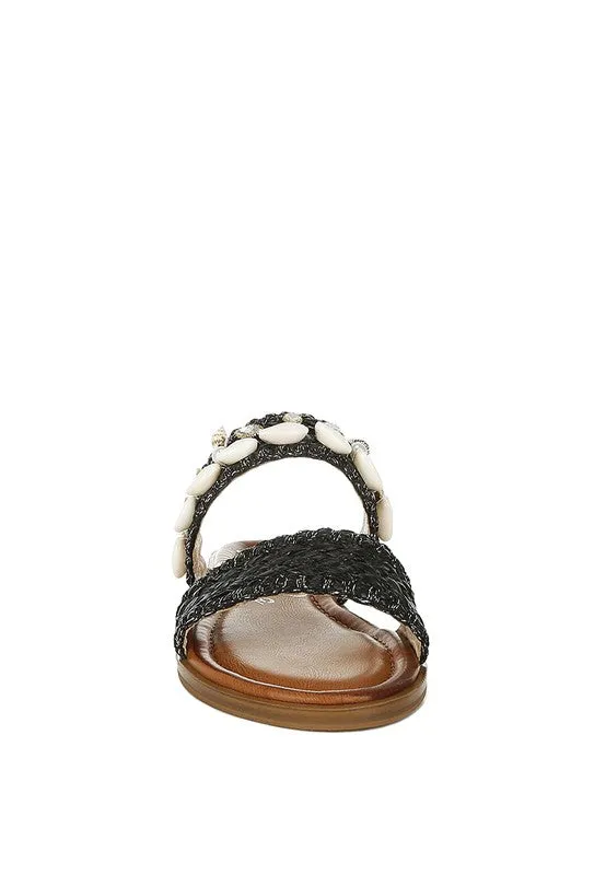 Seashell Raffia Slip on Flat Sandals