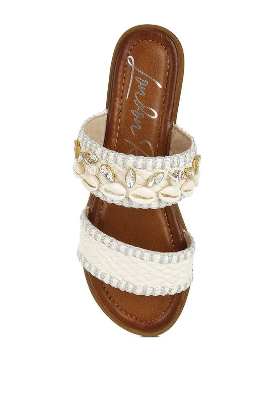 Seashell Raffia Slip on Flat Sandals