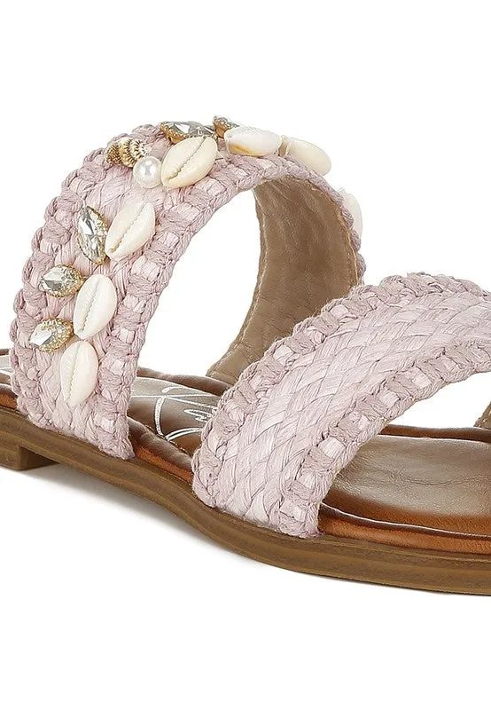 Seashell Raffia Slip on Flat Sandals