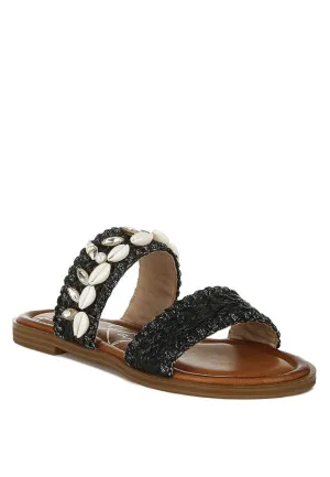 Seashell Raffia Slip on Flat Sandals