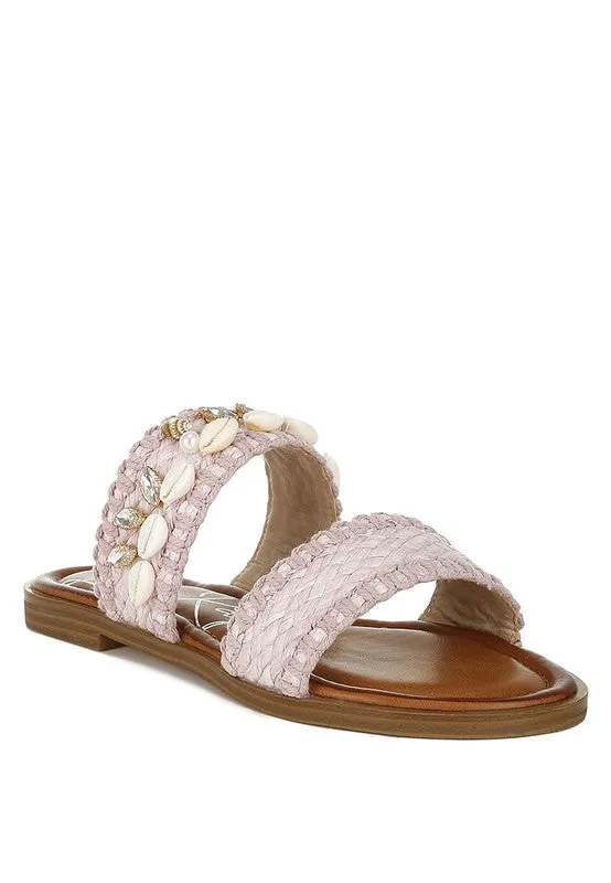 Seashell Raffia Slip on Flat Sandals