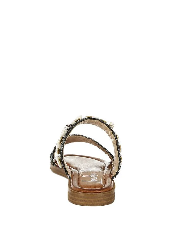 Seashell Raffia Slip on Flat Sandals