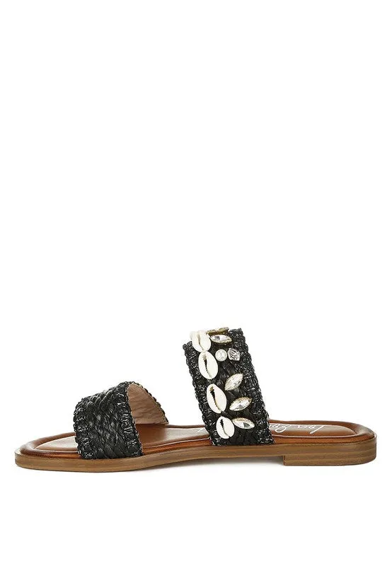 Seashell Raffia Slip on Flat Sandals