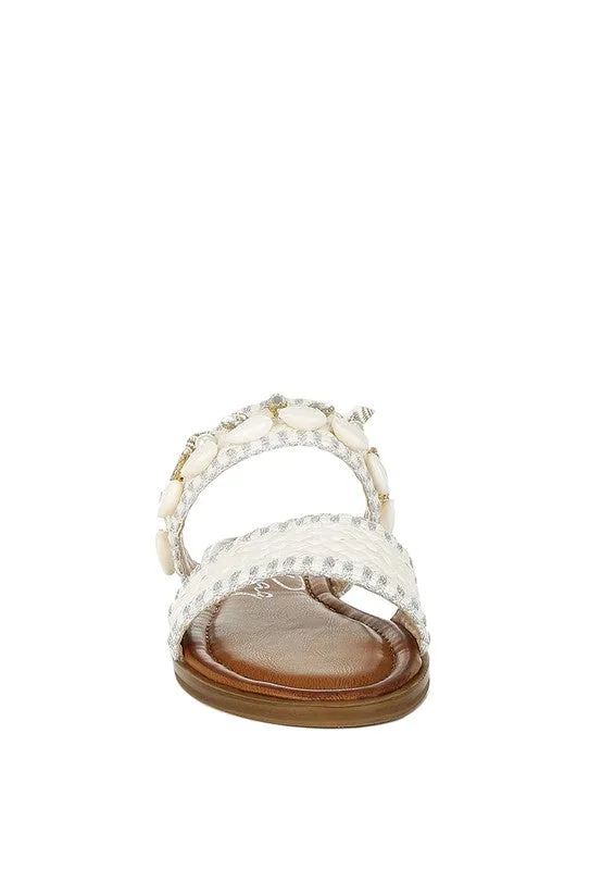 Seashell Raffia Slip on Flat Sandals