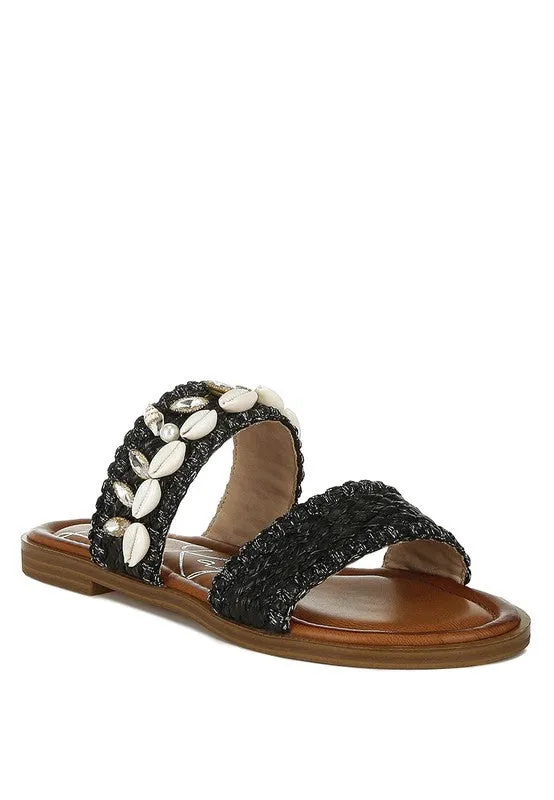 Seashell Raffia Slip on Flat Sandals