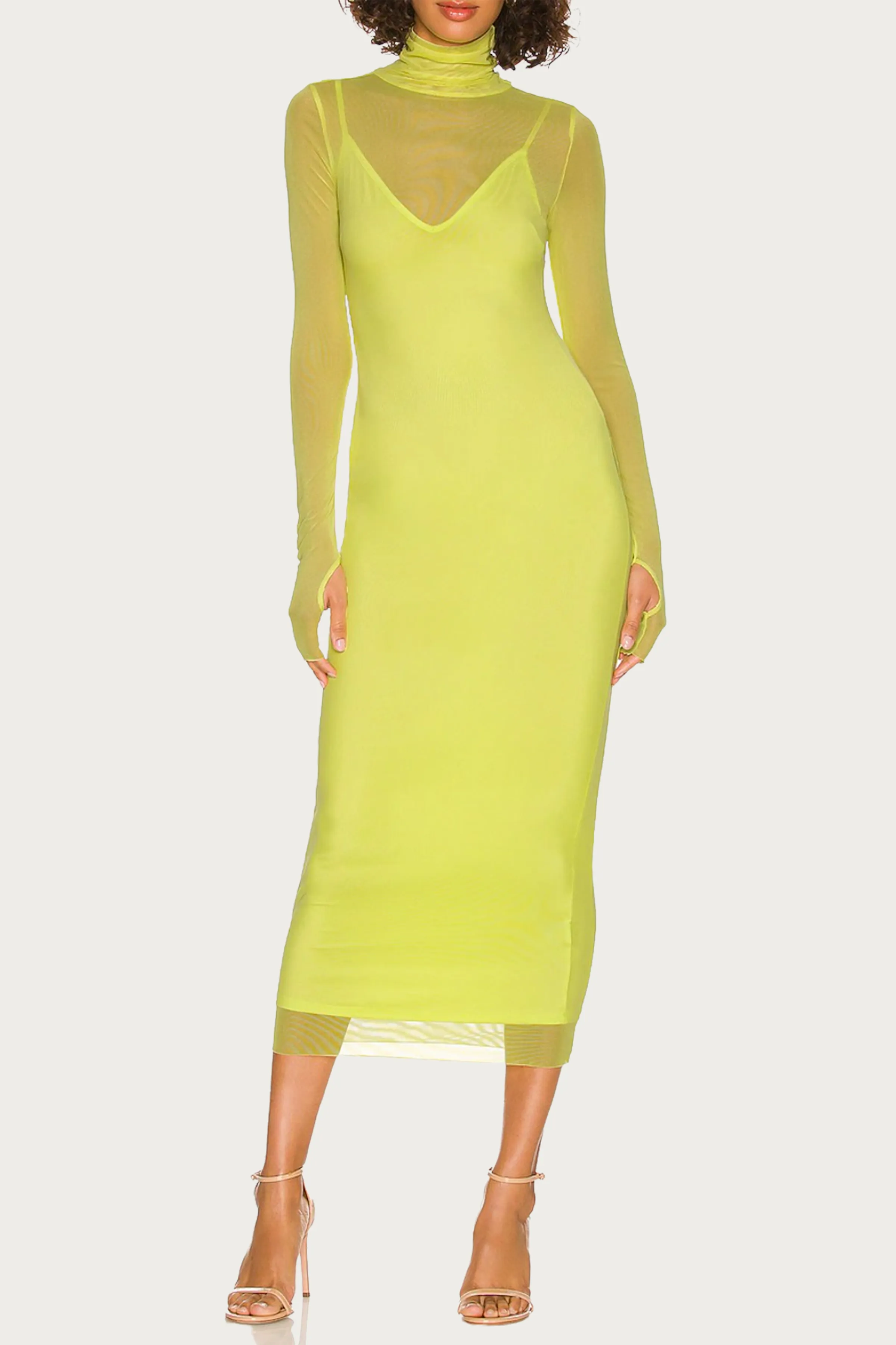 SHAILENE POWER MESH TURTLENECK MIDI DRESS