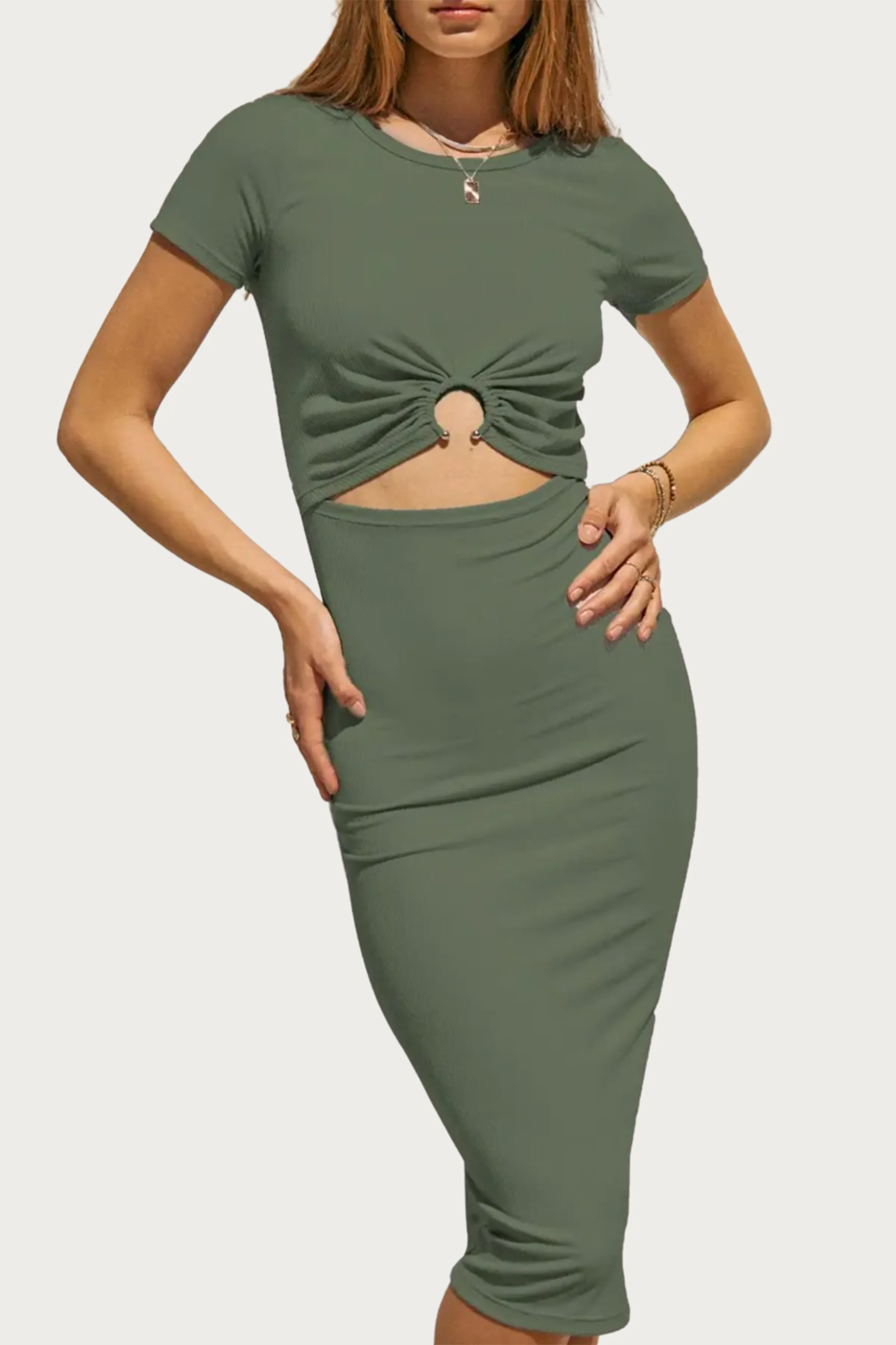 SHORT SLEEVE SOLID RIB MIDI DRESS