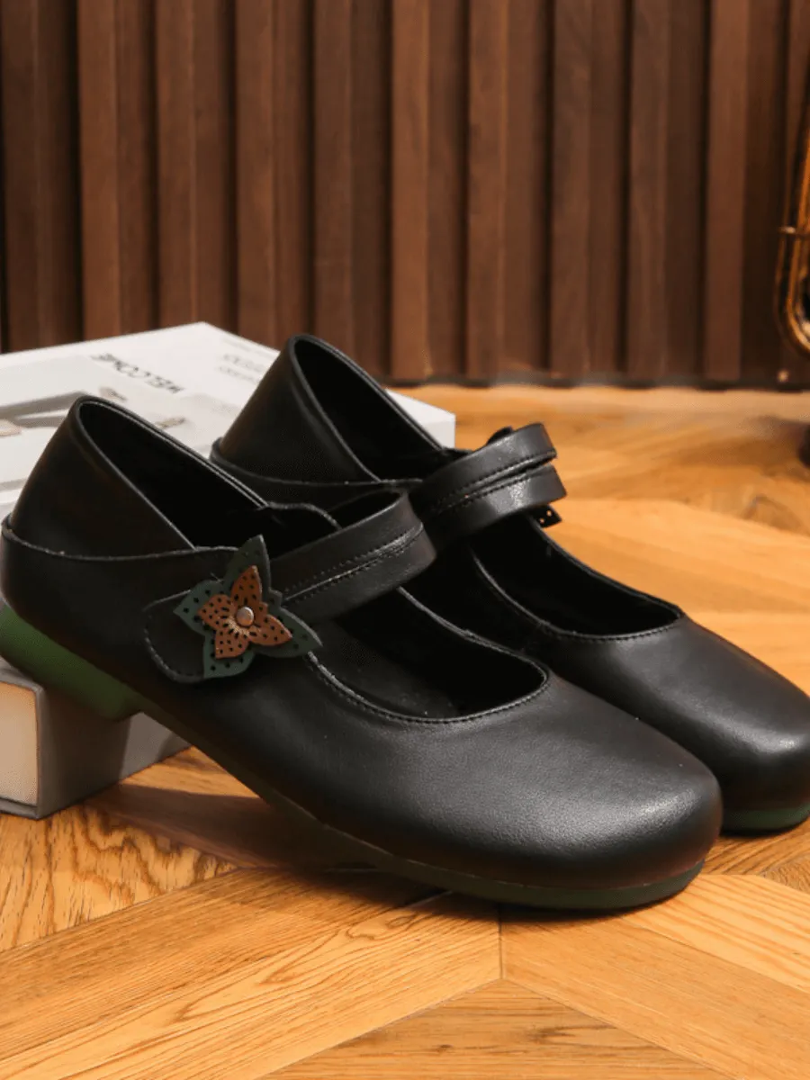 Side Daisy Buckle Leather Mary Jane - Black