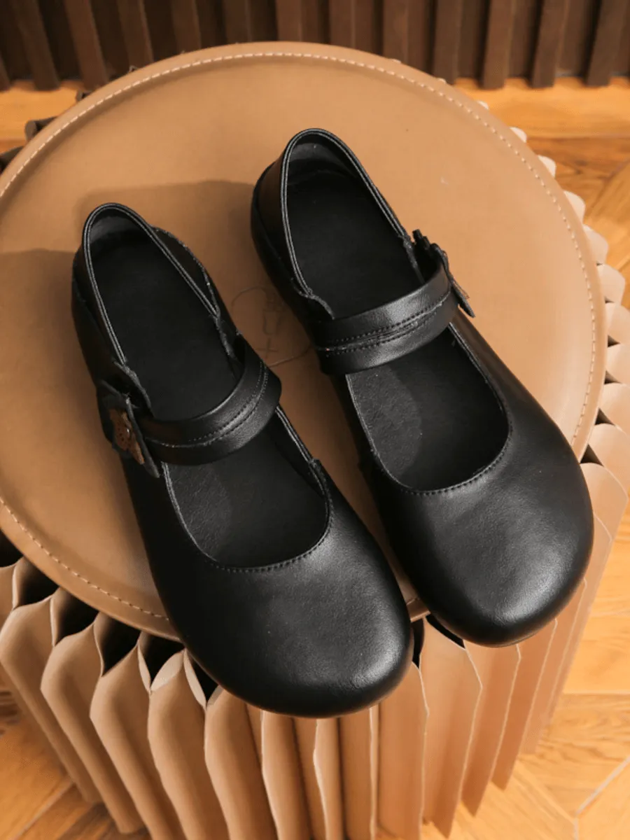 Side Daisy Buckle Leather Mary Jane - Black
