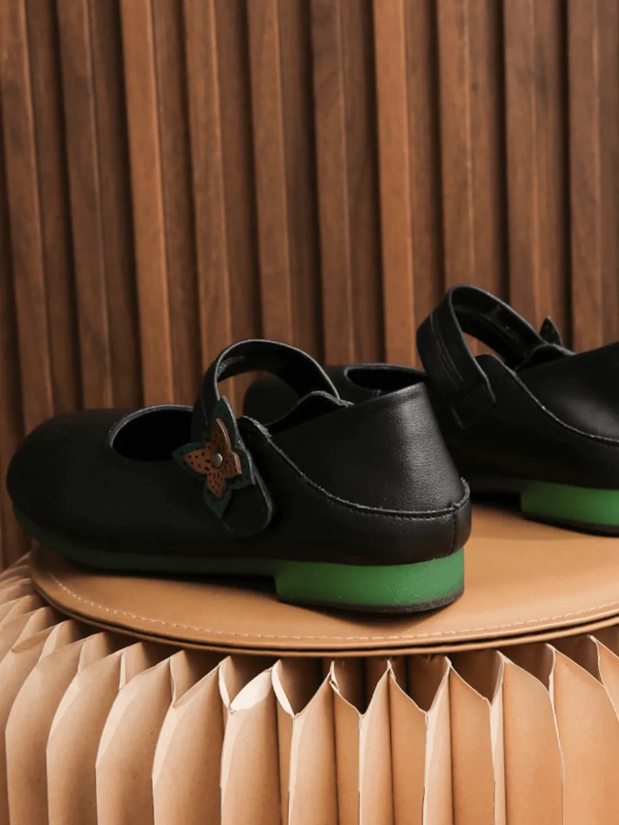 Side Daisy Buckle Leather Mary Jane - Black
