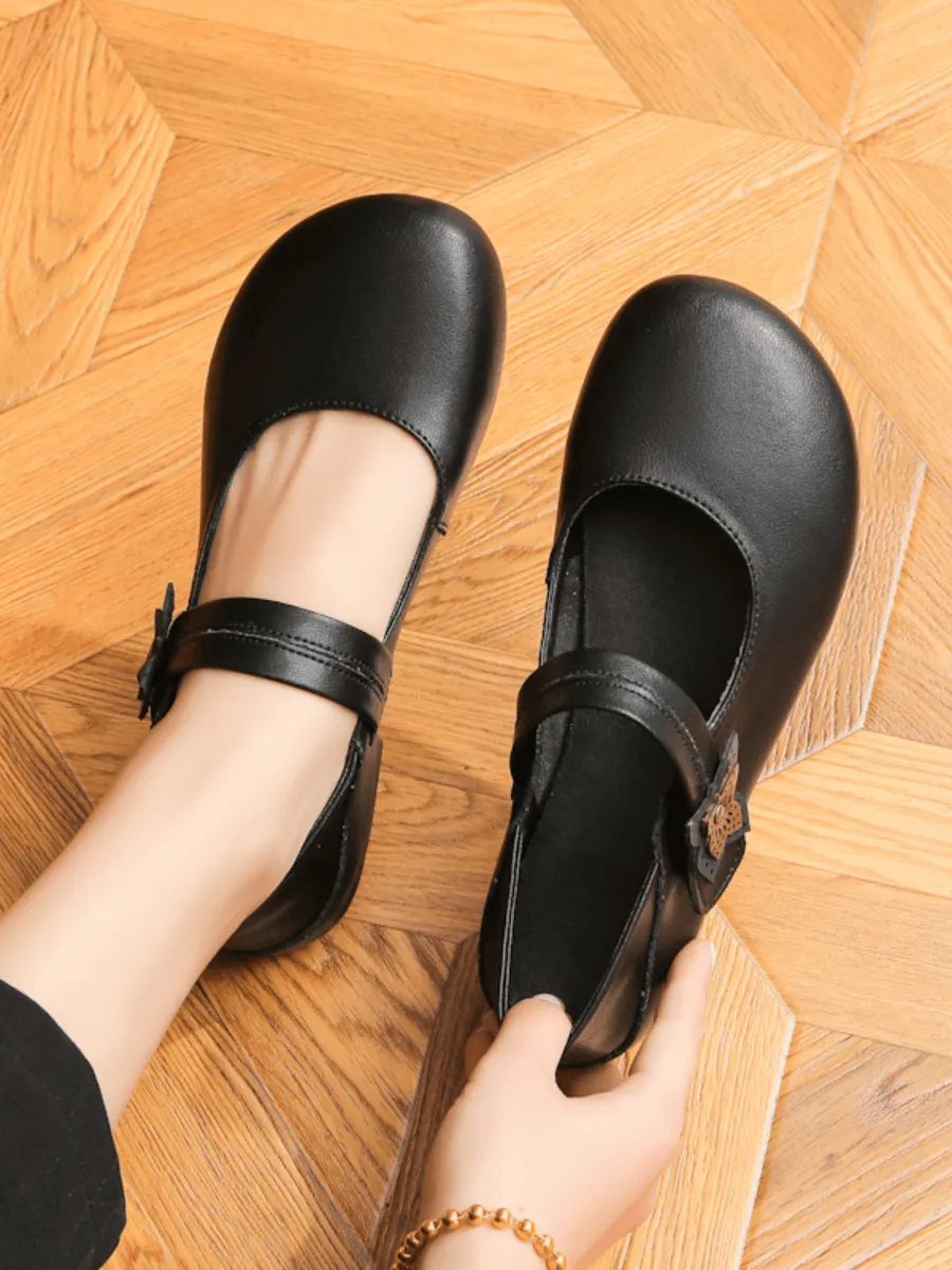 Side Daisy Buckle Leather Mary Jane - Black