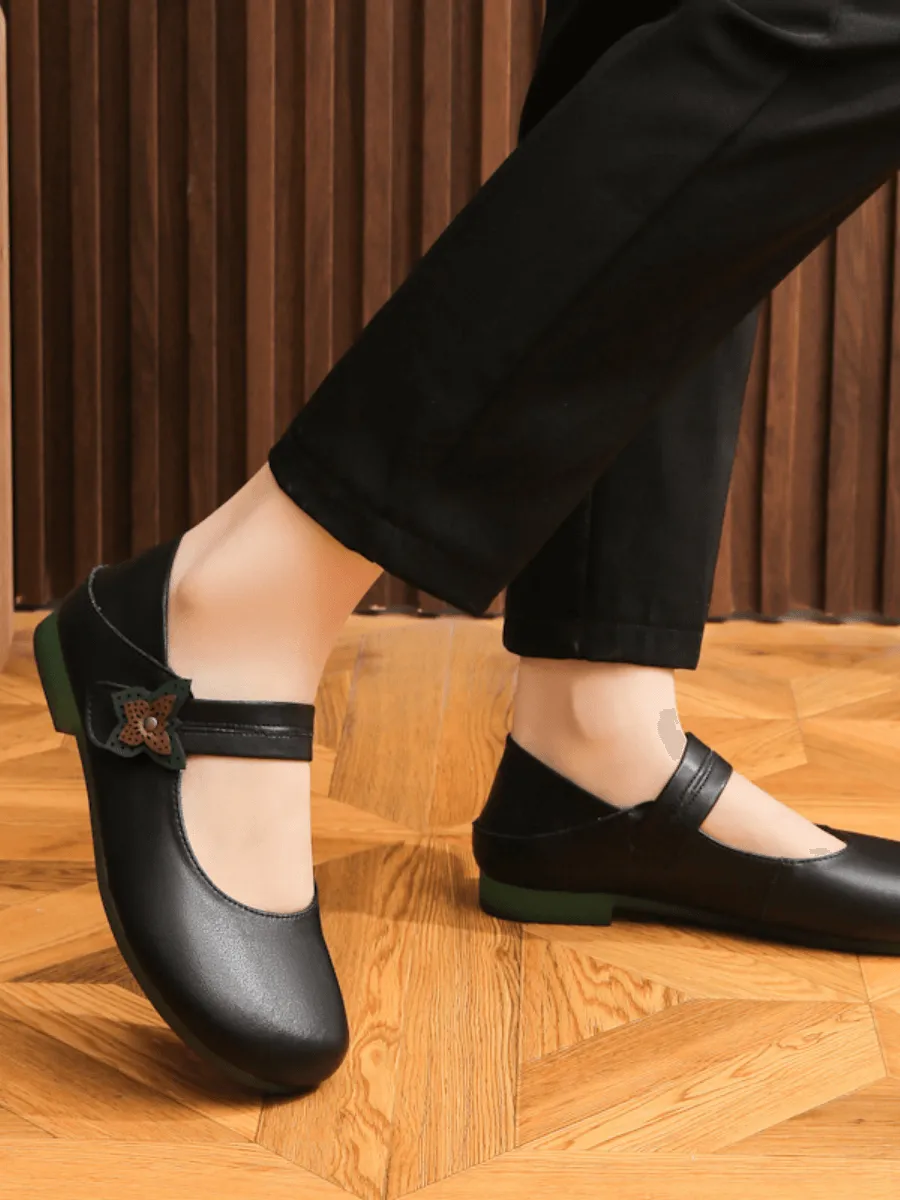 Side Daisy Buckle Leather Mary Jane - Black