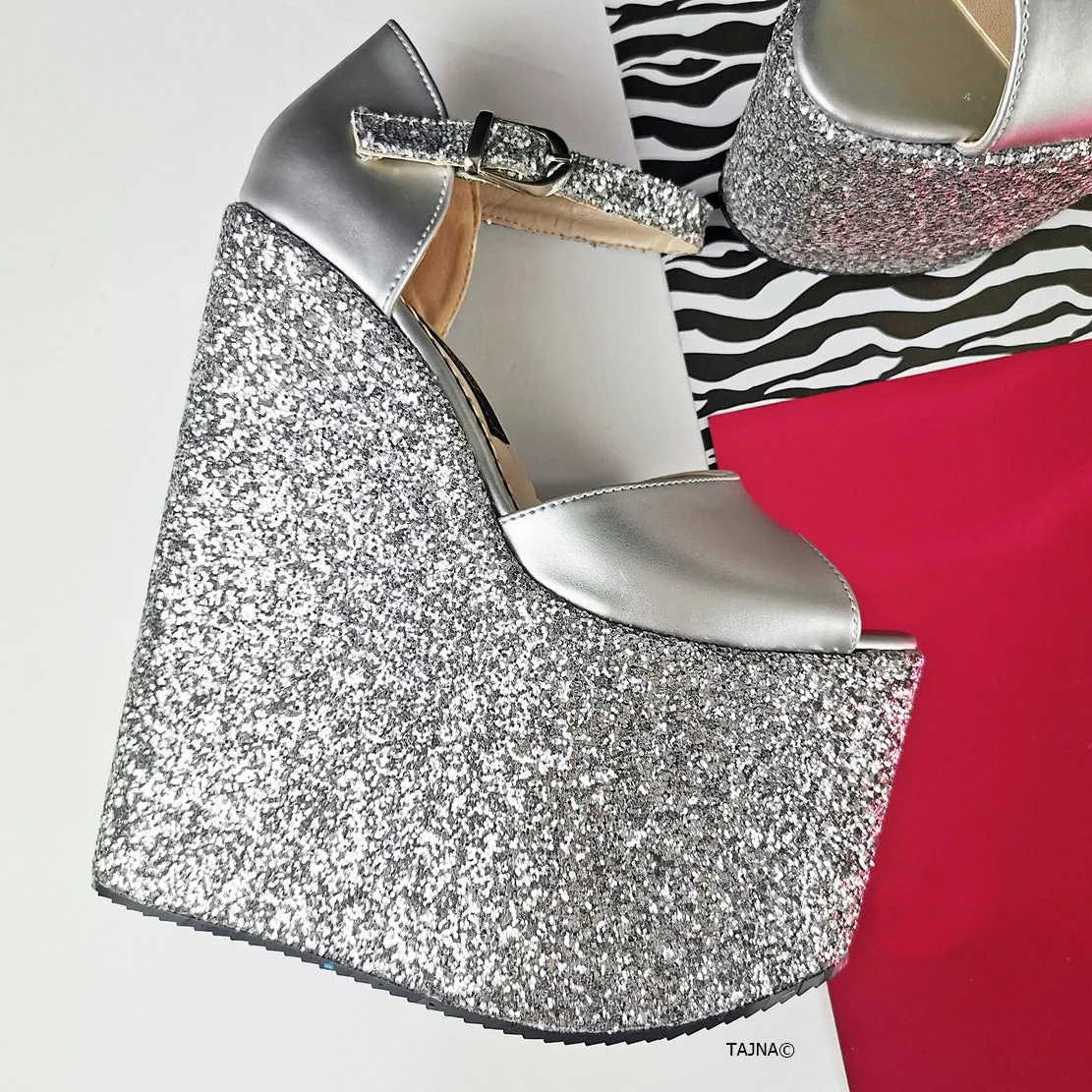 Silver Glitter Heel Platform Wedges