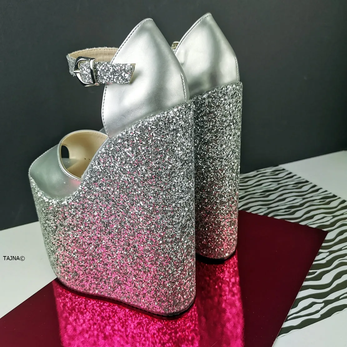 Silver Glitter Heel Platform Wedges