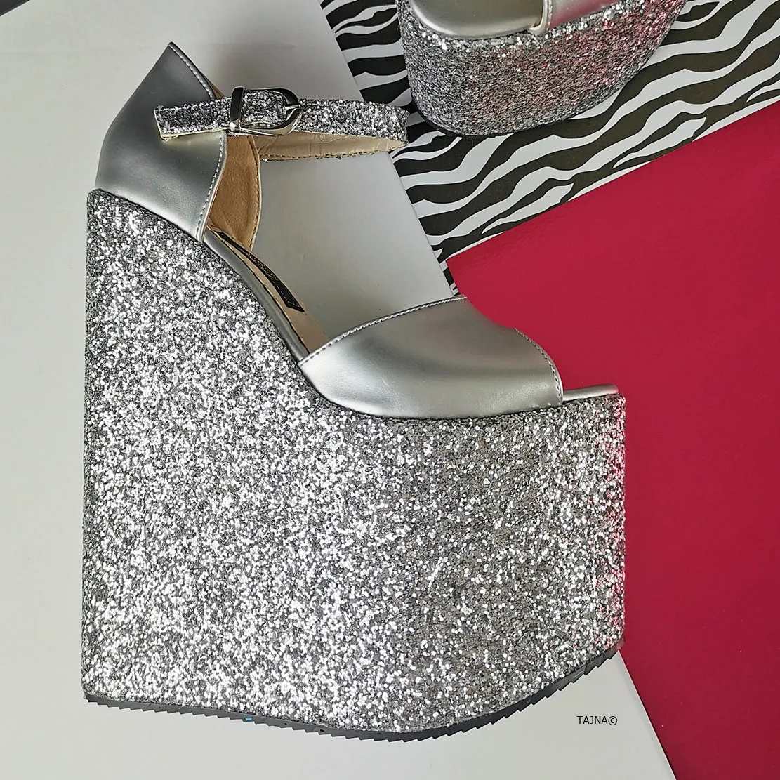 Silver Glitter Heel Platform Wedges