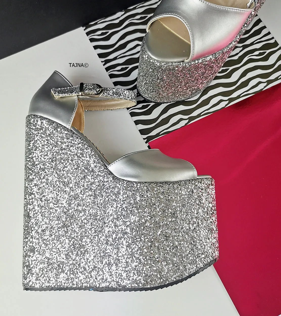 Silver Glitter Heel Platform Wedges