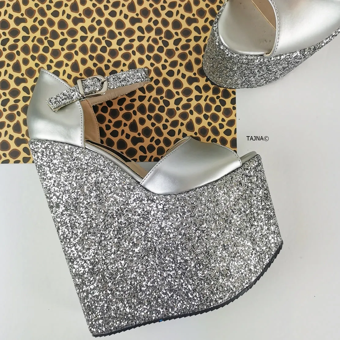 Silver Glitter Heel Platform Wedges