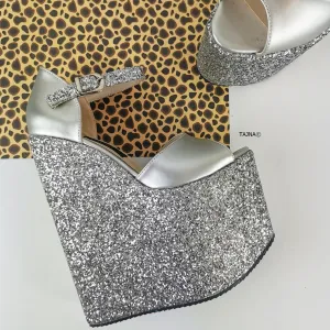Silver Glitter Heel Platform Wedges