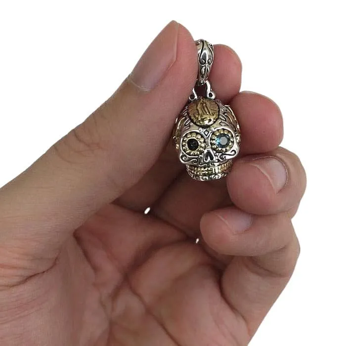 Small Mexican Sugar Skull Sterling Silver Steampunk Pendant