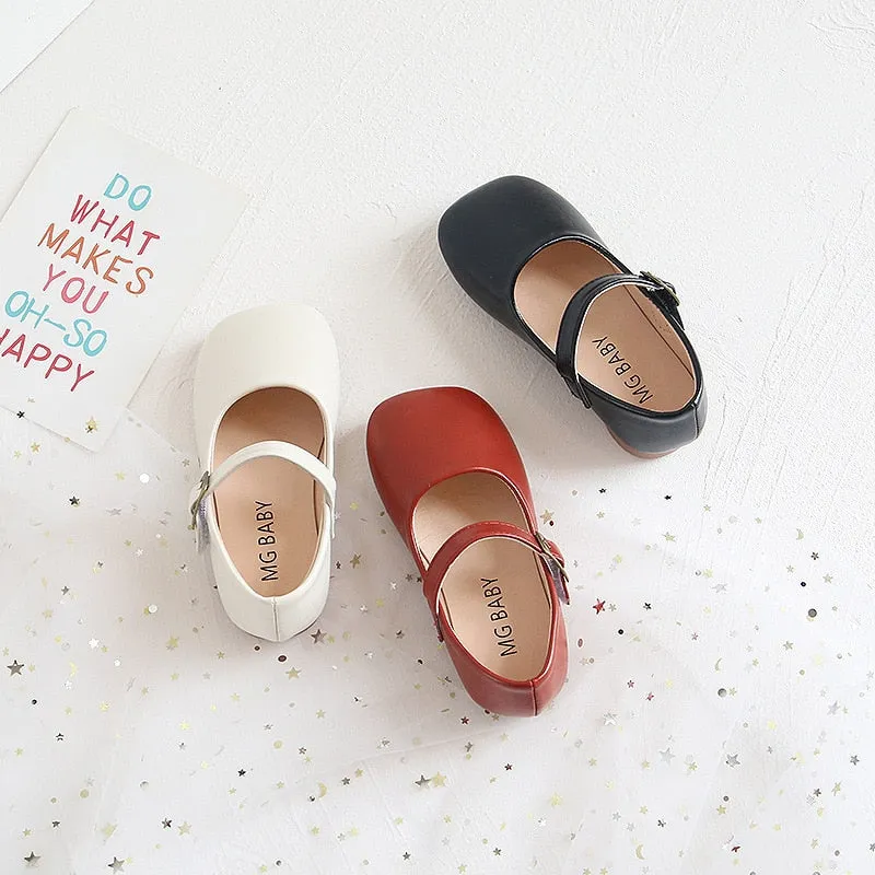 Soft Leather Shoes with Buckle on Flat Sole - Beige, Black, Red