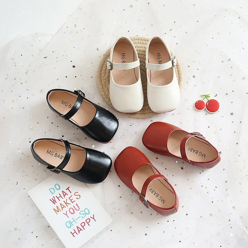 Soft Leather Shoes with Buckle on Flat Sole - Beige, Black, Red